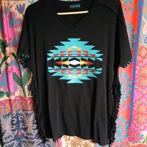 Black Fringe Top with Geometric Design
